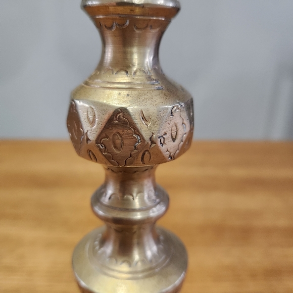 Antique Cast Brass Etched Candlestick Holder - Picture 10 of 11
